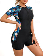 Rash Guard One Piece Swimsuit Front Zip Spandex Uv Sun Protection Upf50+ Quick Dry Short Sleeve Swimwear Bathing Suit Surfing Beach Water Sports Summer