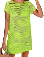 Swimwear Cover Up Swimsuit Cut Out Crochet Vacation Beach Wear Plain Round Neck Short Sleeves Bathing Suits