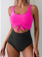 One Piece Swimsuit Cutout Monokini Tummy Control High Waist Slim Backless Vacation Beach Wear Polka Dot Color Block U Neck Sleeveless Bathing Suits