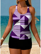 Swimwear Tankini 2 Piece High Waist Swimsuit Tummy Control High Waist Slim Backless Vacation Beach Wear Graphic Geometic U Neck Sleeveless Bathing Suits