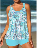 Tankini 2 Piece Swimsuit Shorts Tummy Control High Waist Slim Backless Vacation Beach Wear Paisley Stripe U Neck Sleeveless Bathing Suits