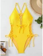 One Piece Swimsuit Cutout Monokini Tummy Control High Waist Slim Backless Vacation Beach Wear Color V Neck Sleeveless Bathing Suits