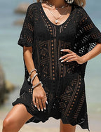 Swimwear Cover Up Swim Dress Swimsuit Crochet Vacation Beach Wear Color V Neck Short Sleeves Bathing Suits