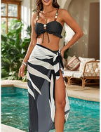 Bikini 3 Piece Swimsuit Palm Skirt Slim Backless Vacation Beach Wear Striped V Neck Sleeveless Bathing Suits