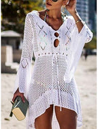Swimwear Cover Up Beach Dresses Swimsuit High Waist Slim Vacation Beach Wear Color V Neck Long Sleeve