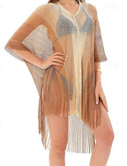 Swimwear Cover Up Swimsuit Fringe Hem Cut Out Vacation Beach Wear Ombre V Neck Short Sleeves Bathing Suits