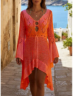 Swimwear Cover Up Swim Dress Swimsuit Cut Out Vacation Beach Wear Color V Neck Long Sleeve Bathing Suits