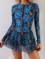 Swimwear One Piece Skirt Swimsuit Zipper Vacation Beach Wear Graphic Leaves High Neck Long Sleeve Bathing Suits
