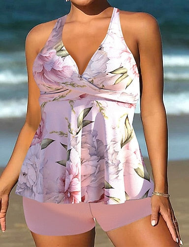 Swimwear 2 Piece Shorts Swimsuit Backless Vacation Beach Wear Graphic V Neck Sleeveless Bathing Suits