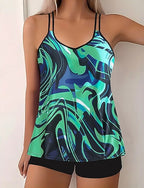 Swimwear 2 Piece Shorts Swimsuit Backless Vacation Beach Wear Graphic Color Block V Neck Sleeveless Bathing Suits