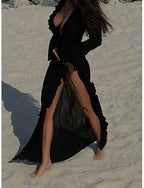 Swimwear Cover Up Swim Dress Dress Swimsuit Ruched Tie Front Vacation Beach Wear Plain V Neck Long Sleeve Bathing Suits