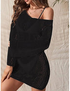 Cover Up Swimsuit Dress Cut Out Knitted Vacation Beach Wear Color V Neck Long Sleeve Bathing Suits