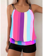 Tankini 2 Piece Swimsuit Colorblock Boy Leg Tummy Control High Waist Slim Backless Vacation Beach Wear Stripe Scoop Neck Sleeveless Bathing Suits