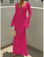 Swimwear Cover Up Swim Dress Swimsuit Crochet Vacation Beach Wear Color V Neck Long Sleeve Bathing Suits