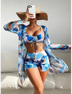 Bikini 3 Piece Swimsuit Shorts Slim Backless Vacation Beach Wear Geometric Color Block V Neck Sleeveless Long Sleeve Bathing Suits