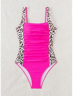 One-piece Tummy Control Bathing Suits Scoop Neck Leopard Print Panels Racerback Ruched Summer Beachwear Quick-dry Stretch Fabric Full Size Black Swimsuit