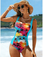 One Piece Swimsuit Slimming Ruched Palm Monokini High Cut Tummy Control High Waist Backless Vacation Beach Wear Graphic Tropical U Neck Sleeveless Bathing Suits