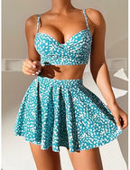 Bikini 3 Piece Swimsuit Skirt Backless Slim Vacation Beach Wear V Neck Sleeveless Bathing Suits