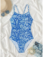 One Piece Swimsuit Slimming Palm Monokini Tummy Control High Waist Slim Backless Vacation Beach Wear Round Neck Sleeveless Bathing Suits
