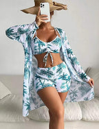 Bikini 3 Piece Swimsuit Palm Boy Leg Slim Backless Vacation Beach Wear Halter Neck Sleeveless Long Sleeve Bathing Suits