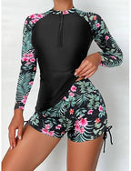 Swimwear Tankini 2 Piece Shorts Swimsuit Tummy Control High Waist Slim Backless Vacation Beach Wear High Neck Long Sleeve Bathing Suits