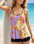 Rash Guard Print Swimsuit Tankini Swimsuits Tropical 2 Piece Removable Pad Boyleg Uv Sun Protection Upf50+ Elastic Sleeveless Swimwear Top Surfing Canoeing Water Sports Summer