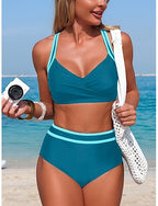 Swimwear Bikini 2 Piece Briefs Swimsuit Tummy Control High Waist Slim Backless Vacation Beach Wear Stripe V Neck Sleeveless Bathing Suits