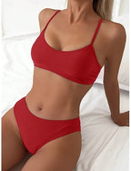 Bikini 2 Piece Swimsuit Cheeky Slim Backless Vacation Beach Wear Color V Neck Sleeveless Bathing Suits