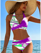 Bikini 2 Piece Swimsuit Cheeky Vacation Graphic V Neck Sleeveless Bathing Suits