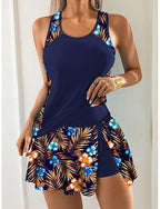 Swimwear Tankini 2 Piece Skirt Swimsuit Drawstring Tummy Control High Waist Slim Backless Vacation Beach Wear Leopard U Neck Sleeveless Bathing Suits