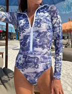 Bathing Suit One Piece Swimsuits Graphic Zip Up Uv Protection Long Sleeve Swimwear Surfing Beach Vacation Spring