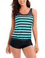 Tankini 2 Piece Swimsuit Colorblock Shorts Tummy Control High Waist Slim Backless Vacation Beach Wear Striped V Neck Sleeveless Bathing Suits