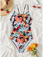 One Piece Swimsuit Slimming Palm Monokini Tummy Control High Waist Slim Backless Vacation Beach Wear Round Neck Sleeveless Bathing Suits