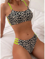 Bikini 2 Piece Swimsuit Leopard Cheeky Backless Slim Vacation Beach Wear Scoop Neck Sleeveless Bathing Suits