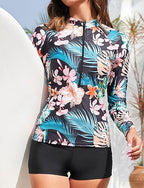 Rash Guard Swimsuit Swim Shorts Printed 2 Piece Front Zip Quick Dry Lightweight Breathable Long Sleeve Swimwear Swimsuit Surfing Beach Water Sports Summer
