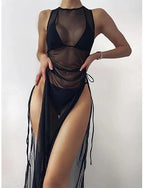 Swimwear Three Piece Swimsuit Ruched Backless Vacation Beach Wear Plain Halter Neck Sleeveless Bathing Suits