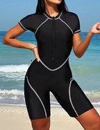 Standard Rash Guard One Pieces Rash Guards Bathing Suit Color-blocking Zip Up Uv Protection Elastic Short Sleeve Swimwear Bodysuit Surfing Diving Swimming Summer