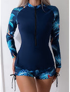 Tankini 2 Piece Swimsuit Zip Front Palm Shorts Tummy Control High Waist Slim Backless Vacation Beach Wear Leaves High Neck Long Sleeve Bathing Suits