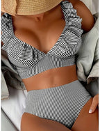 Swimwear Bikini 2 Piece Briefs Swimsuit Ruffle Slim Backless Vacation Beach Wear Striped V Neck Sleeveless Bathing Suits