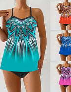 Swimwear 2 Piece Cheeky Swimsuit Backless Vacation Beach Wear Graphic Round Neck Sleeveless Bathing Suits