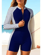 Rash Guard One Piece Surfing Suit Bathing Suit Geometric Stripes Color-blocking Zip Up With Built in Bra Removable Pad Uv Sun Protection Upf50+ Ultra Light (ul) Long Sleeve Swimwear Sun Shirt