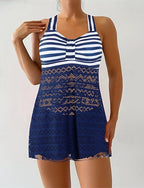 Tankini Two Piece Swimsuit Lace Swimwear Stripes Swimwear Black Purple Breathable Quick Dry Lightweight Sleeveless - Swimming Surfing Beach Summer Spring
