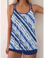 Tankini 2 Piece Swimsuit Boy Leg Tummy Control High Waist Slim Backless Vacation Beach Wear Geometric Striped Halter Neck Sleeveless Bathing Suits