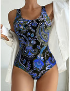 One Piece Swimsuit Slimming Monokini High Cut Tummy Control High Waist Slim Backless Vacation Paisley U Neck Sleeveless Bathing Suits