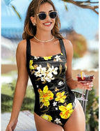 One Piece Swimsuit Slimming Ruched Monokini High Cut Tummy Control High Waist Backless Vacation Beach Wear Graphic U Neck Sleeveless Bathing Suits