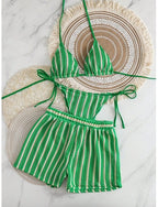 Bikini 2 Piece Swimsuit Thong Slim Backless Vacation Beach Wear Striped Halter Neck Sleeveless Bathing Suits