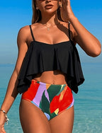 Tankini Two Piece Swimsuit Ruffle Swimwear Swimwear Black Brown Breathable Quick Dry Lightweight Sleeveless - Swimming Surfing Beach Summer Spring