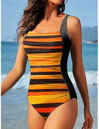 Swimwear One Piece Monokini Briefs Swimsuit Tummy Control High Waist Backless Vacation Beach Wear Graphic Striped U Neck Sleeveless Bathing Suits