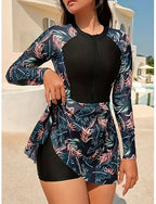 Tankini 2 Piece Swimsuit Zip Front Palm High Waist Tummy Control High Waist Slim Backless Vacation Beach Wear Round Neck Long Sleeve Bathing Suits