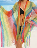 Swimwear Cover Up Swimsuit Fringe Hem Cut Out Vacation Beach Wear Striped V Neck Long Sleeve Bathing Suits